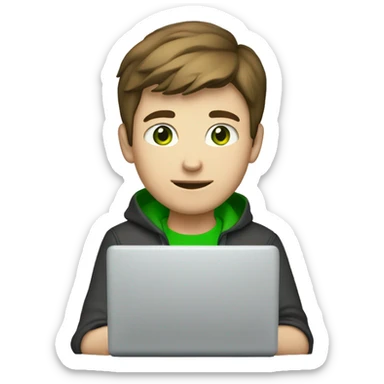 caucassian young man with short brown hair and green eyes working on laptop sticker