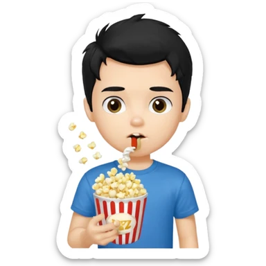 generate a pretty fair bratz boy with a blue tshirt on. eating popcorn. messy black hai sticker
