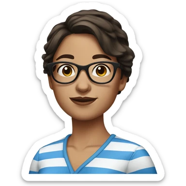 Woman with dark brown hair, glasses, freckles and a blue and white striped shirt sticker