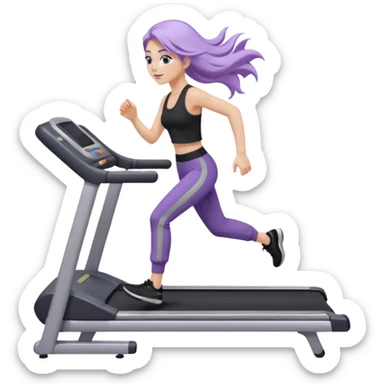 Девушка белокожая на беговой дорожке, с длинными светло-лиловыми волосами, в черном топе, в серых спортивных штанах, с черными ресницами sticker