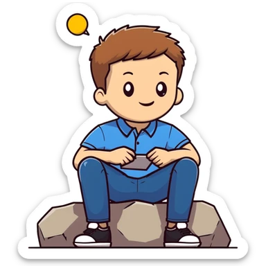 Young man with light skin and short brown hair sitting on stone steps, wearing white polo shirt with blue details and jeans sticker