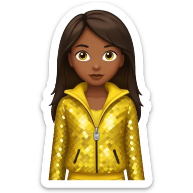 Sasha from Bratz with medium dark skin, long dark brown hair and yellow sequin outfit sticker