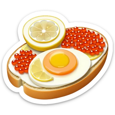 open sandwich with butter, boiled half egg, slice of lemon, red caviar sticker