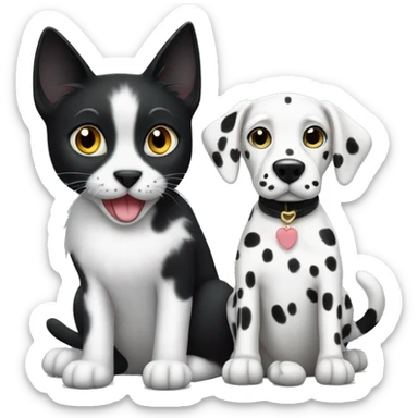 A black cat is sitting with a Dalmatian dog sticker