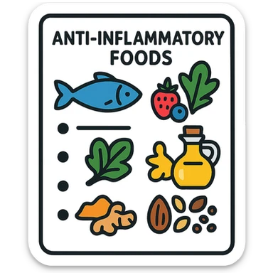 modern illustration of a list of anti-inflammatory foods with icons: blue fish, berries, leafy green vegetables, olive oil, spices (turmeric, ginger), seeds and nuts, light background sticker