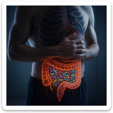 Hyperrealistic 4K human body in a similar position to the reference image, with the intestine highlighted and glowing. No parasites present, but showing altered microbiota (dysbiosis) with diverse bacteria and microorganisms of various shapes and colors inside the intestine. Clinical atmosphere, highly detailed and realistic. sticker