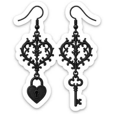 goth earrings, black lock and key, romantic gothic style, intricate, detailed sticker