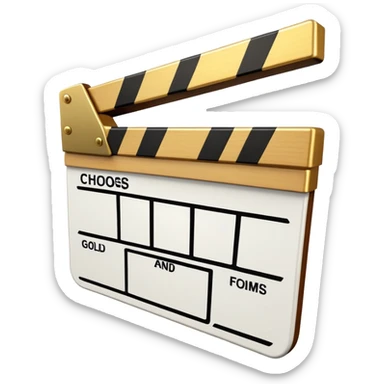 film clapper board with gold top section, white bottom section, and a bold diagonal line sticker
