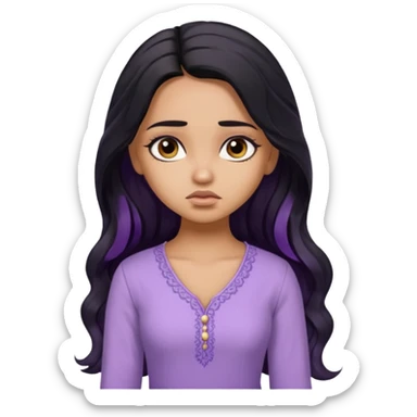 a pretty tan bratz girl with long wavy black hair, wearing a light purple kurti. looking sad sticker