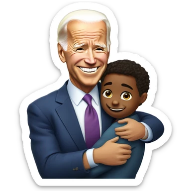 Biden smiling and hugging a small child who is nervous sticker