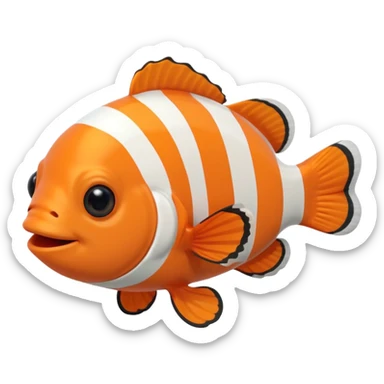 Full body of a clownfish with bright orange and white striped body, small fins, rounded tail, big black eyes, smiling expression, cartoon style, floating in water, front-facing sticker