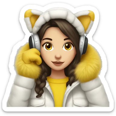 brunette girl yellow fur headphones white down jacket and yellow mittens sticker