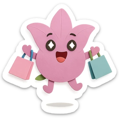 pastel magenta lily flower with sparkling eyes and open mouth, jumping with joy while holding shopping bags, round and bouncy, paper-craft style sticker