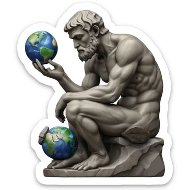 rodins sculpture the thinker but with a planet earth in its hand sticker
