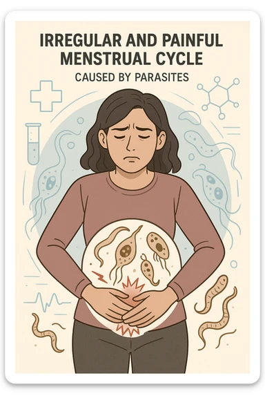 Donna con ciclo irregolare e doloroso a causa dei parassiti sticker