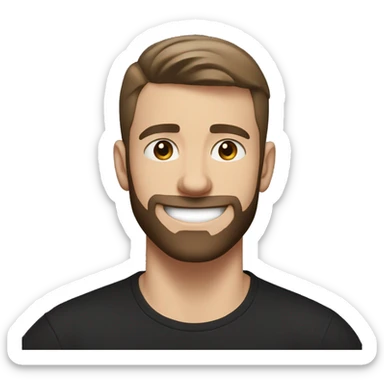 22 years old white Young man, with a really dark brown short crew cut, and a faded medium dark brown beard, smiling really happy, and muscular but with a black t shirt on sticker