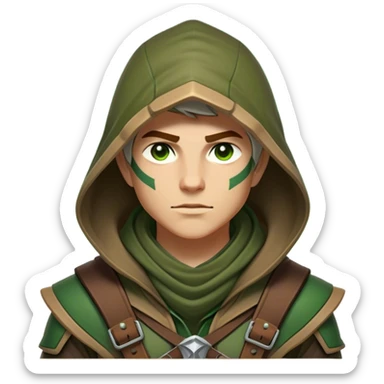 Clash of Clans aesthetic friendly Ranger Portrait Emoji, With a lean, agile build clad in earth-toned leather and green accents, a keen, focused gaze and a weathered hood shadowing determined eyes, his face rendered in a natural skin tone (not yellow), Simplified yet sharply defined features, highly detailed, glowing with a soft, natural woodland radiance, high shine, intelligent and resolute, stylized with an air of forest guardian authority, focused and alert, soft glowing outline, capturing the essence of a confident ranger ready to defend the wild with stealth and valor! sticker