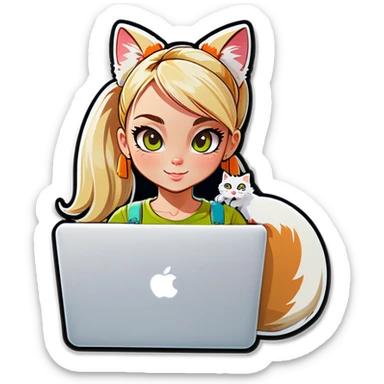 Blonde girl ponytail macBook and a cat sticker