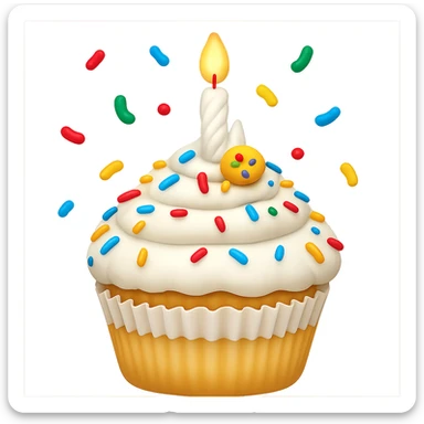 Make this a birthday cupcake with a candle and confetti, keeping the white color and apple emoji style. Remove the background. sticker