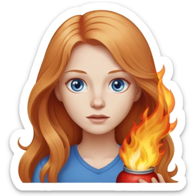woman with long strawberry blond hair and blue eyes setting things on fire sticker