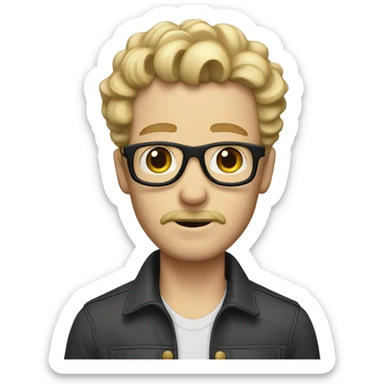 Extremely skinny white guy with blinder mustache and gotee and blonde curly hair up to shoulders sticker