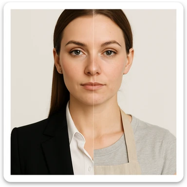 hyper realistic split-image of a beautiful woman, one half of her face with professional makeup and business office attire, the other half natural and makeup-free, wearing a kitchen apron like a homemaker, symmetrical composition, white background, clear contrast between the two roles sticker