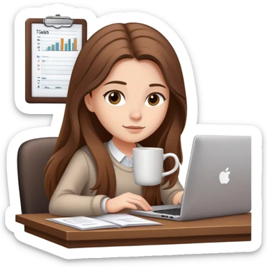 Girl with long brown hair doing bookkeeping at a laptop with a cozy mug beside her officecore elegant sticker