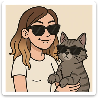 a white woman with light brown ombre hair and a grey tabby cat, both wearing black sunglasses and looking cool, in a cartoon style sticker