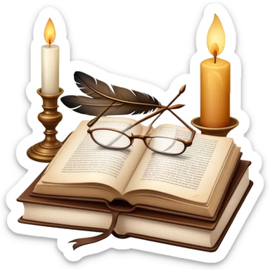 An icon showing an open classic book with elegant pages, a feather quill, and reading glasses resting on top. Behind it, a stack of literary works and a candle evoke deep study and timeless stories. Transparent background highlights the analysis of literature and texts. sticker
