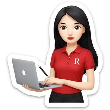 Gere um emoj estilo IOS de uma garota branca, de longos cabelos pretos vestida com um uniforme composto por uma camiseta estilo gola polo vermelha com um detalhe escrito em branco a palavra "RODA" e uma calca preta. Ela deve segurar em uma das maos um mackbook e na outra uma caneta sticker