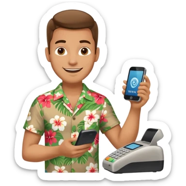 Draw a male tourist who pointed his phone to scan a QR code at a POS terminal. In the style of an Apple emoji sticker