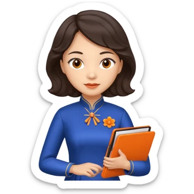 Teacher emoji but : wavy dark brown hair, light skin, no glasses, dark eyes, with a computer folder in the hand (color is orange), being a teacher, wearing a chinese qipao ( dark blue)


 sticker
