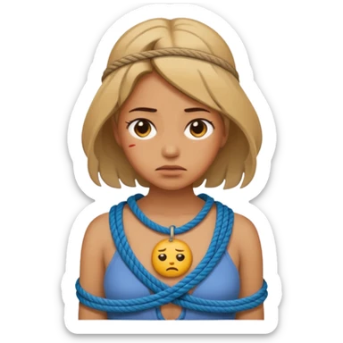 woman bound with rope around her chest, sad face, emoji style sticker