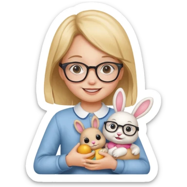 Girl kid with glasses → holding a toy rabbit sticker