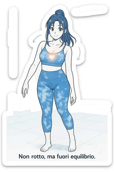 stile manga a woman stands in a relaxed pose, with a gentle, confident expression. Her body is shown with subtle, curved lines or arrows indicating areas of imbalance (such as a slight tilt in the shoulders or hips), but no signs of injury or damage. A soft glow or heart symbol at her core emphasizes resilience and the message “Non rotto, ma fuori equilibrio” The background is clean and clinical, with light blue tones. sticker