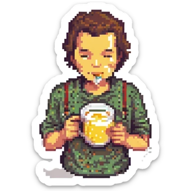 a man drinking a pint of raw eggs, pixel art style sticker