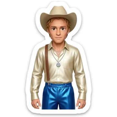 Heath Ledger with brown eyes, golden brown hair, beige cowboy hat, ivory metallic shirt, periwinkle blue metallic baggy pants, silver necklace sticker