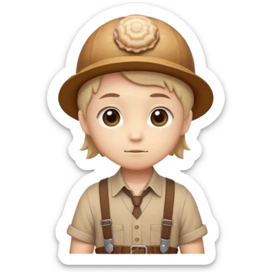 Shelly has a small, chibi-style body with a large ammonite-shaped head that looks like a beige fossil shell. One side of her head has a dark opening, making it clear she isn’t human. Her face is simple and soft, with big round eyes. She wears a brown suspender outfit over a lighter shirt sticker