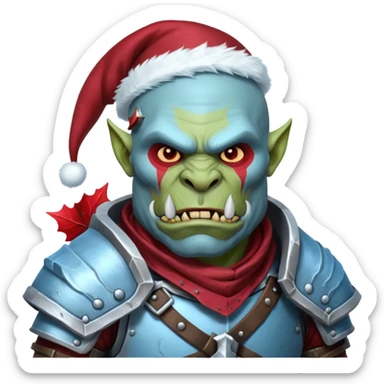 
Fantasy Christmas orc legion soldier icon, iron tundra army theme, heavy winter armor, disciplined brutal look, icy blue steel armor with deep crimson accents, frozen metal texture, cold winter atmosphere, male variant sticker