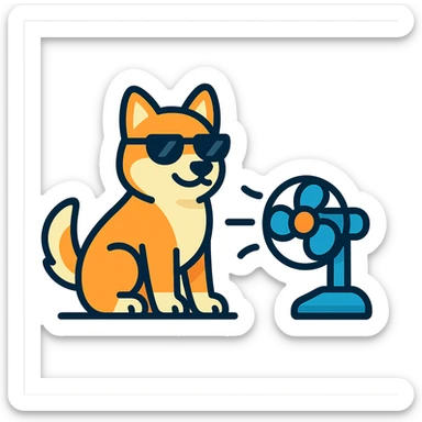 minimalist vector style logo of a cool Shiba Inu dog sitting near a small fan warm cheerful colors friendly safe expression no text no background elements tech friendly vehicle UI sticker