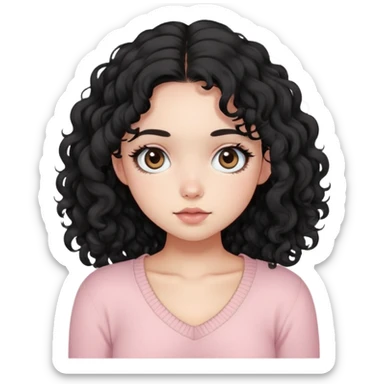 a girl with long black curly hair, very big  round eyes, and peachy cheeks. She is wearing a slightly low-cut pink knit top like Brandy Melville style. She looks like a warm and confident English literature student..
.
 sticker