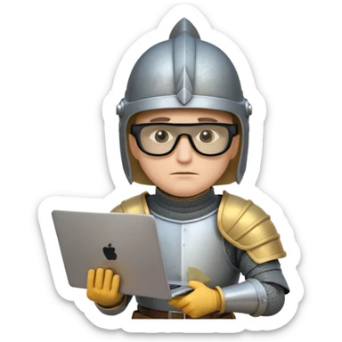 Knight with helmet dark glasses holding laptop and money sticker