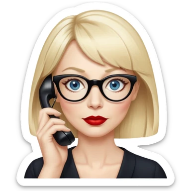 Woman in her early 50s with pale skin, wider face, blue eyes with eyeliner, thin eyebrows, red lipstick, blonde hair up with bangs, wearing black glasses. Talking on a phone  sticker