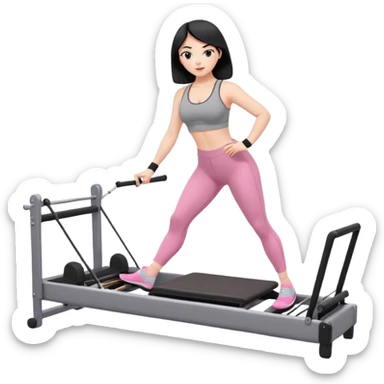 Create a Pilates emoji: a girl with fair skin and black hair, wearing a grey bra and leggings with pink socks, exercising on a pilates reformer and not looking at the camera sticker