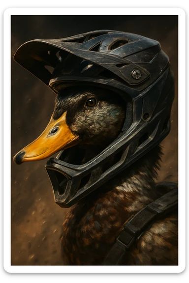 realistic duck head in a modern downhill helmet, detailed and dynamic sticker