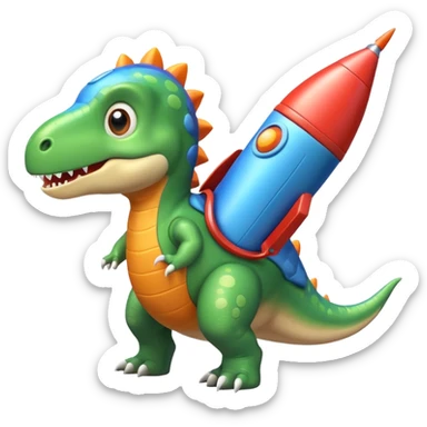 cute toy-like rocket-propelled dinosaur, rounded shapes, glossy texture, colorful rocket backpack, happy expression, 3D cartoon, mobile game icon style, clean background, no text, no watermark
 sticker