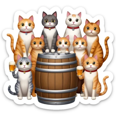 seven distinct cats standing around a beer keg, each cat drinking, all with goofy playful expressions sticker
