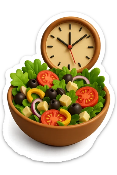 bowl con insalatona e orologio che le fluttua dietro che simboleggia una cena fatta in ritardo in 3d sticker