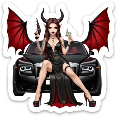 Lilith model red eye sexy black  devil horns.  long brown haired sexy succubus woman with leather long dress slit, sitting on rolls Royce. Wearing Black Platform high heels on feet. Tattoo sleeve arms, she has stacks of cash and a man dead human skull is on top of stack of cash and a gun in  hand sticker