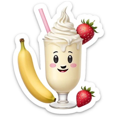 Milkshake vanilla with a banana sticking out of the milk shake it and two strawberries on both sides of the banana at the very tip of the banana, whipped cream and a smiley face sticker